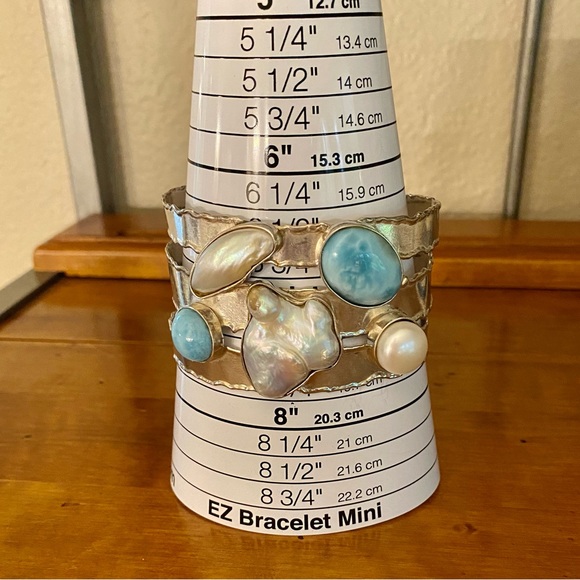 Sterling Silver Larimar & Pearl Cuff Bracelet - Picture 7 of 9